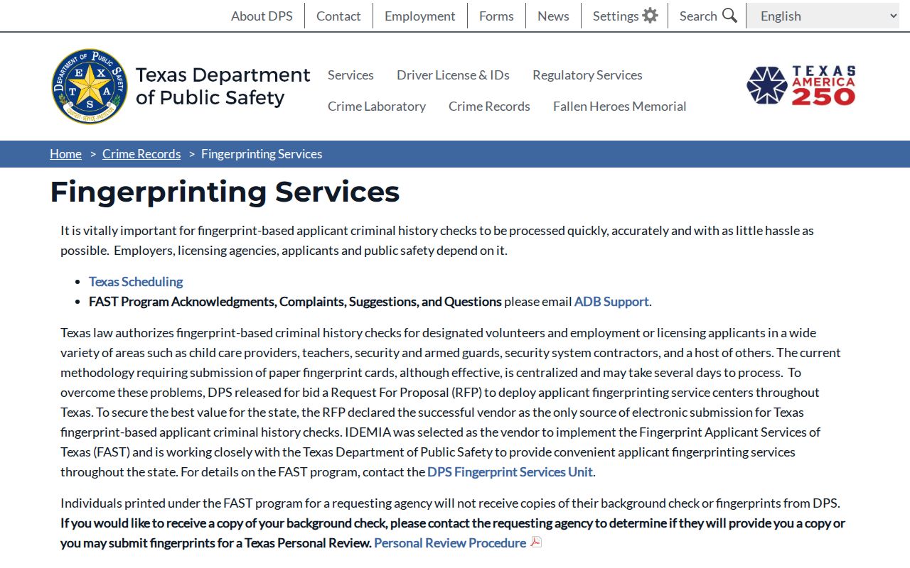 FAST fingerprint service for Lamar County criminal history review