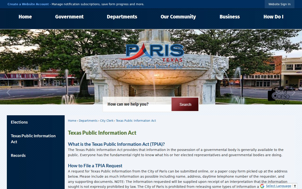 Paris police and city record request channels under the Texas Public Information Act