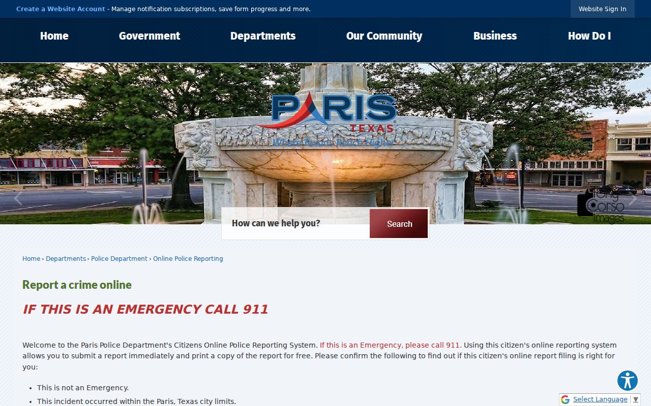 Paris criminal incident online reporting choices on the official police system