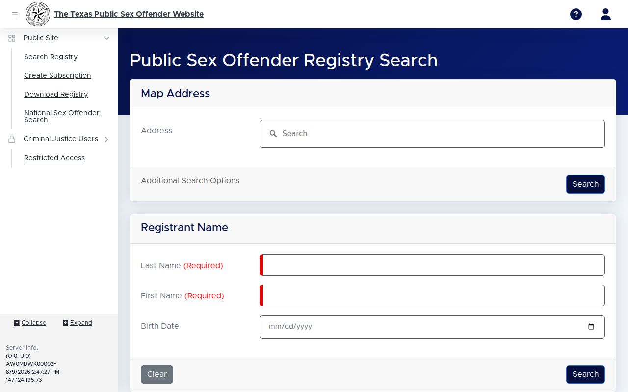 Lamar County sex offender lookup form on the Texas DPS registry